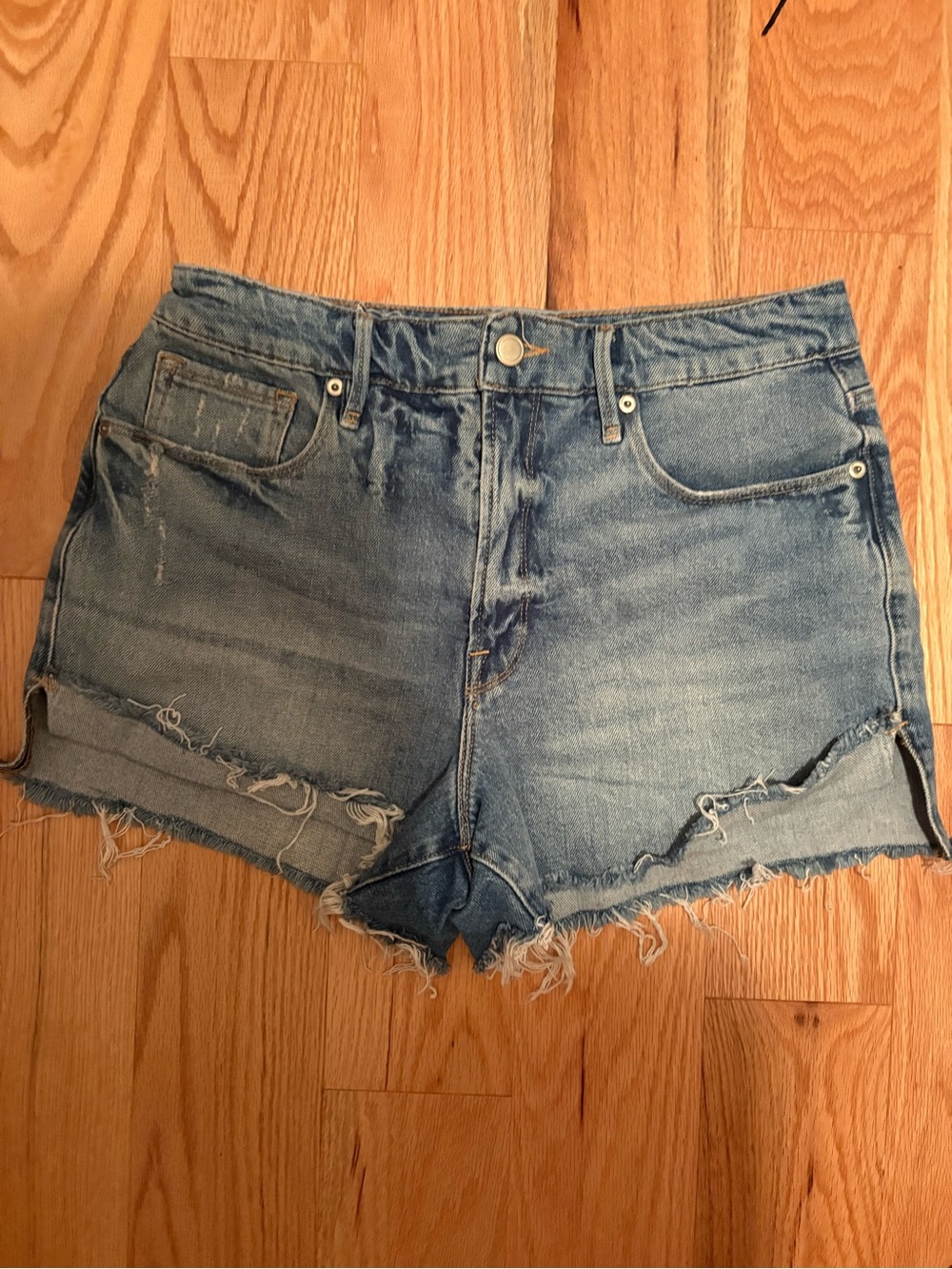 Good American Washed Blue Distressed Denim Cutoff Shorts